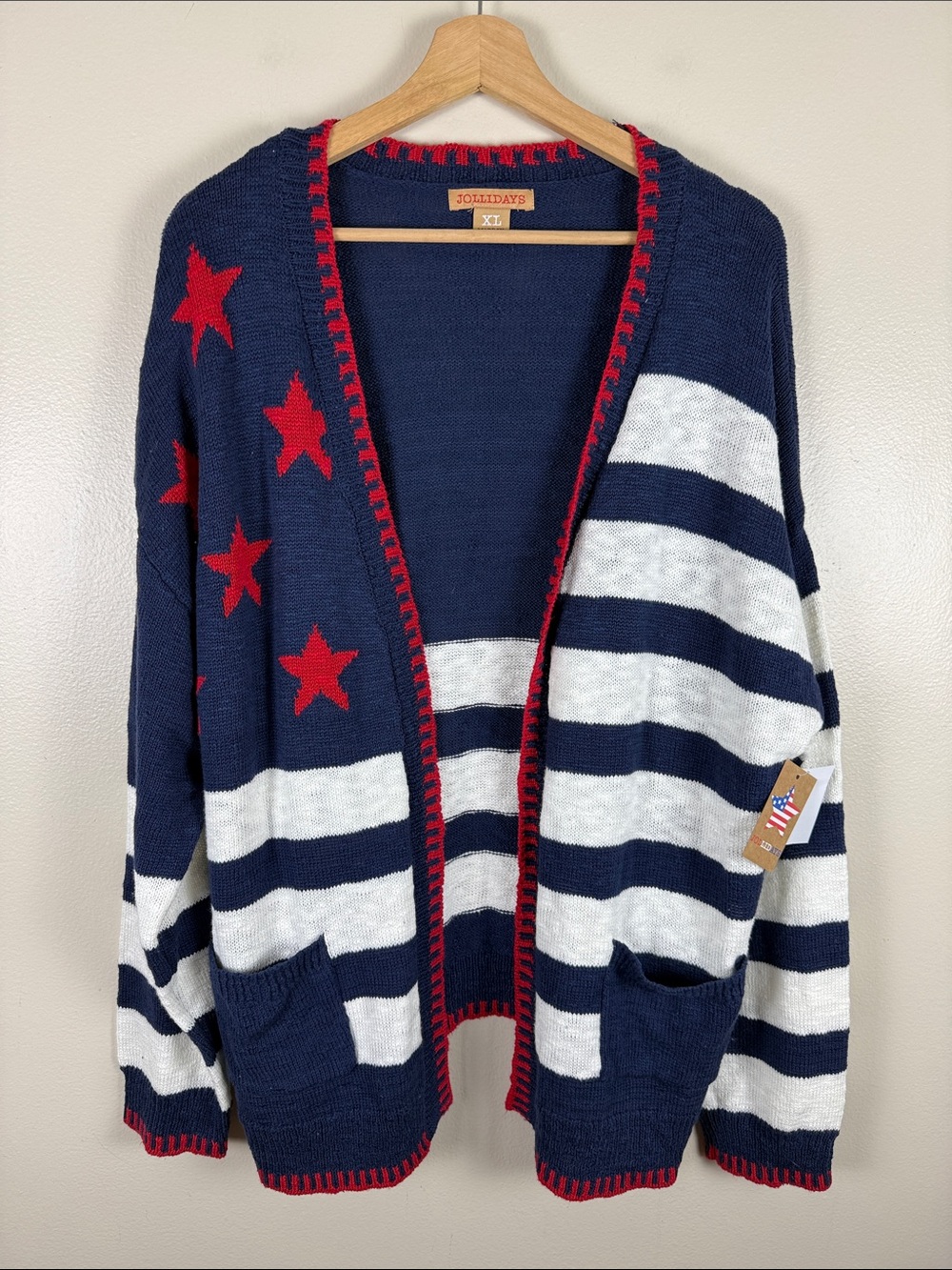 Jollidays Navy, White & Red Star-Striped Open Cardigan. NEW XL